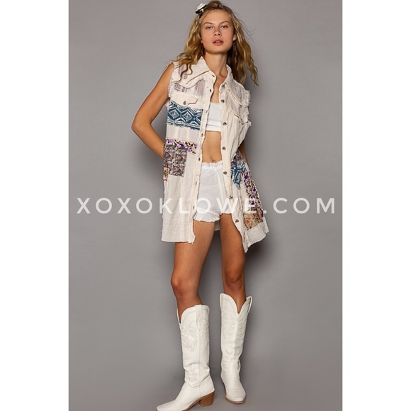 POL Double Gauze Patchwork Sleeveless Vest Dress Relaxed Fit - Picture 7 of 17